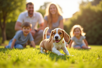 Chiot beagle limone jouant dans un jardin ensoleille avec famille