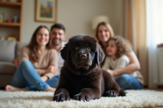 Chiot Newfoundland dans le salon entouré d'une famille souriante