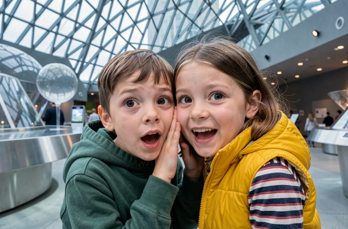 Deux enfants émerveillés devant une exposition interactive à la Cité des Sciences et de l'Industrie de Paris