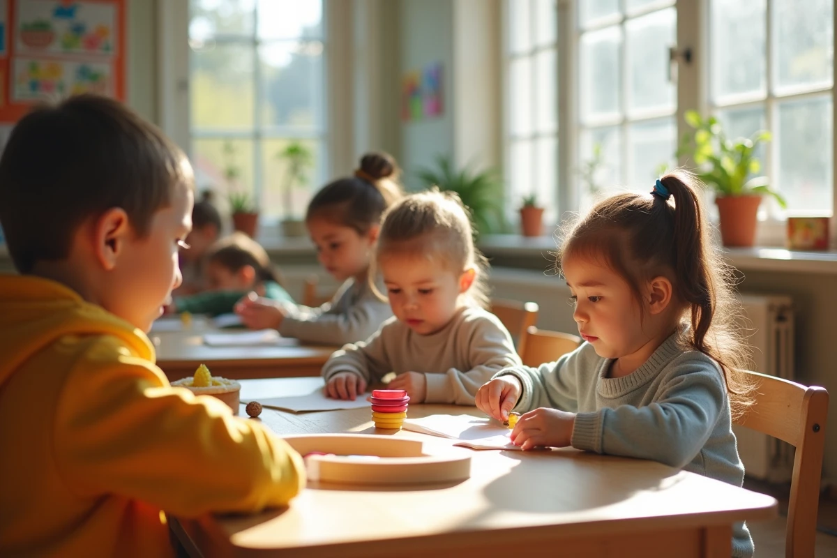 Enfants explorant du matériel éducatif dans une classe Montessori