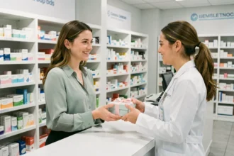 Jeune femme recevant un coffret naissance gratuit des mains d'une pharmacienne au comptoir d'une pharmacie