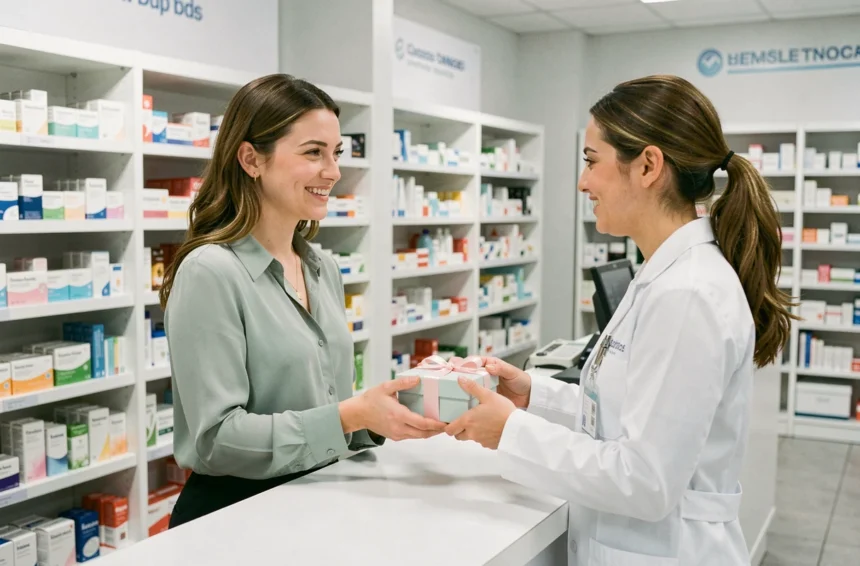 Jeune femme recevant un coffret naissance gratuit des mains d'une pharmacienne au comptoir d'une pharmacie