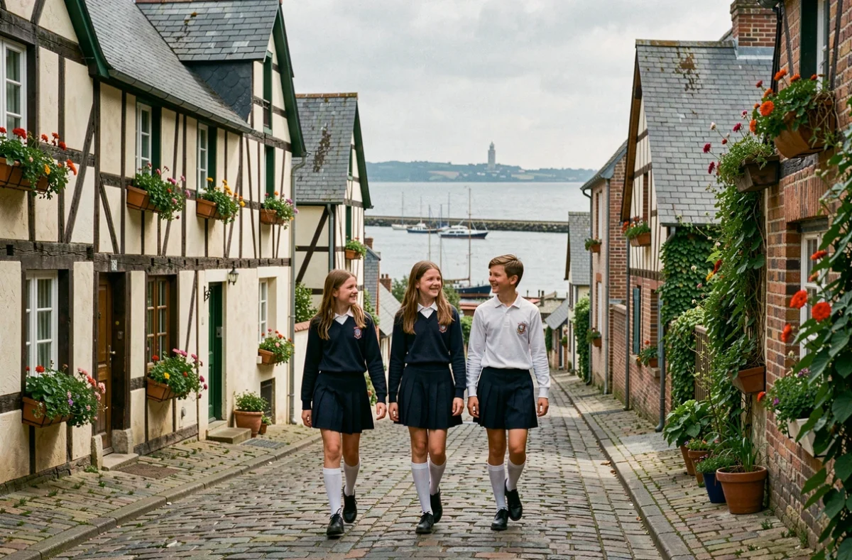 Des collégiens en uniforme dans les rues pittoresques de Honfleur près du Collège Notre-Dame