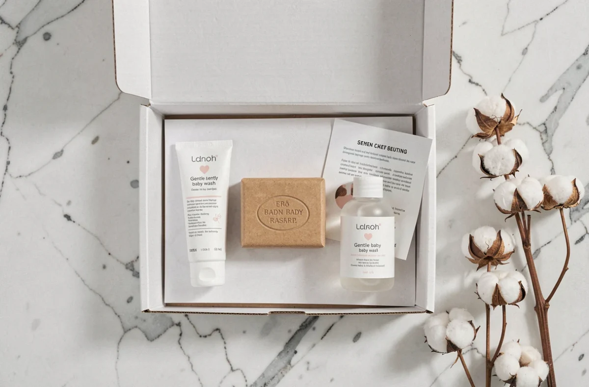 Contenu d'un coffret naissance gratuit en pharmacie présenté en flat-lay sur marbre blanc avec produits bébé