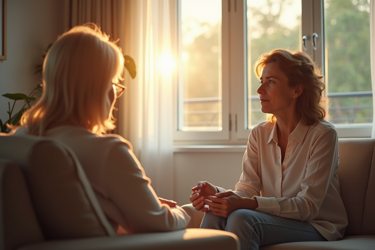 Conversation entre un conseiller et une personne en deuil dans un salon