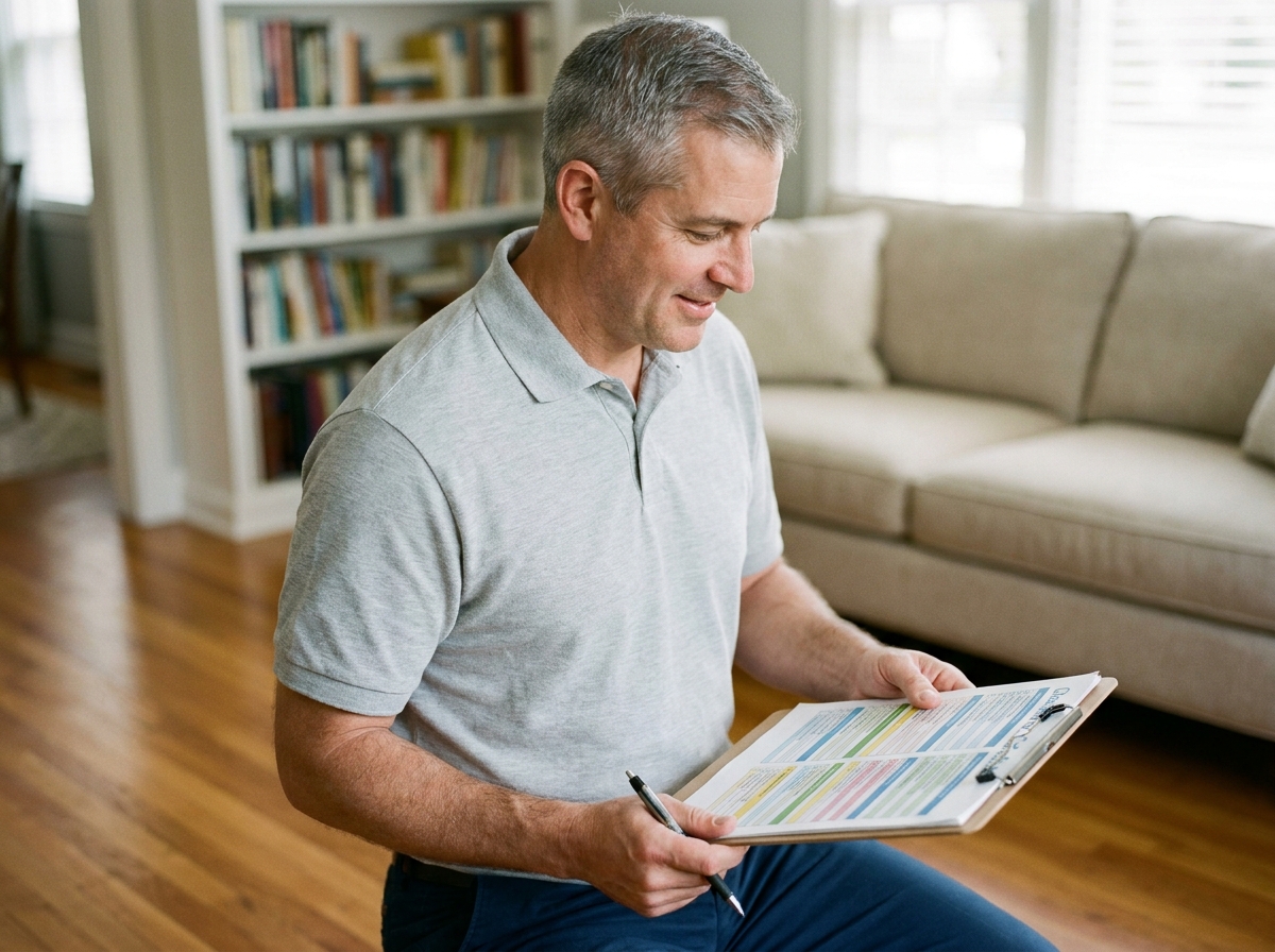 Coordinateur d'entretien masculin consultant un planning d'entretien dans un salon propre et bien organisé pour illustrer une routine de nettoyage efficace