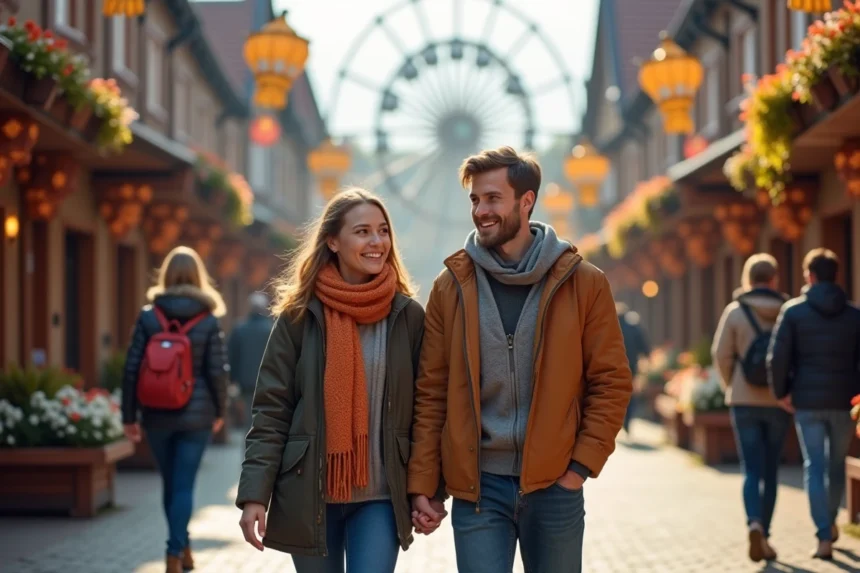 Jeune couple souriant dans un parc d'Alsace en automne