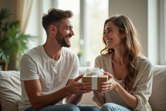 Jeune couple échangeant un cadeau en coton dans le salon