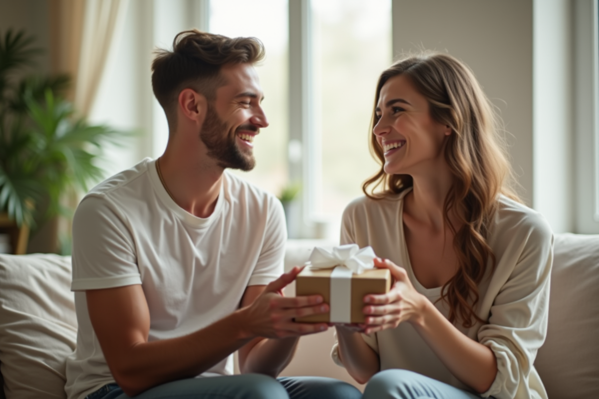 Jeune couple échangeant un cadeau en coton dans le salon