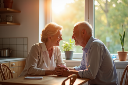 Couple d'âge moyen souriant dans la cuisine au matin
