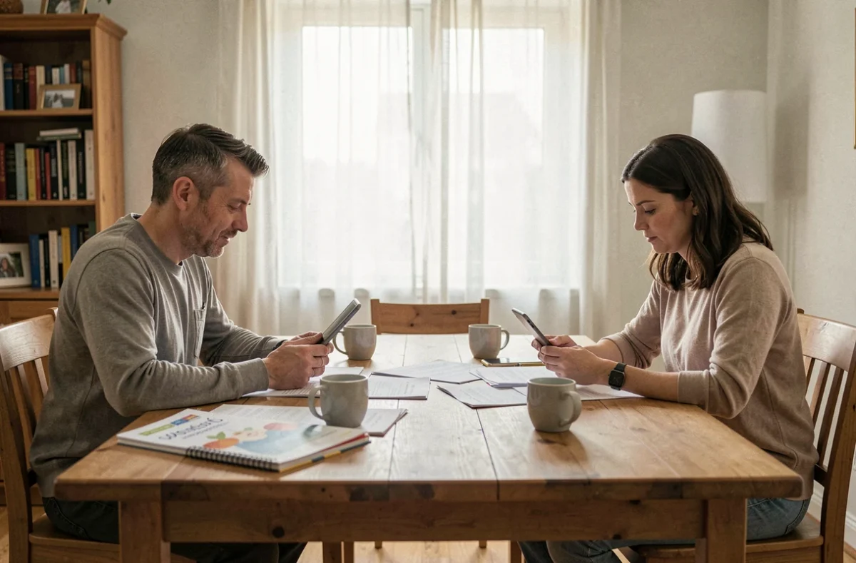 Couple en instance de divorce assis à une table avec des documents officiels et un cahier d'enfant, ambiance séparation amiable