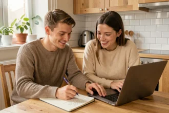 Jeune couple de futurs parents préparant leur liste de naissance ensemble sur un ordinateur portable à la maison