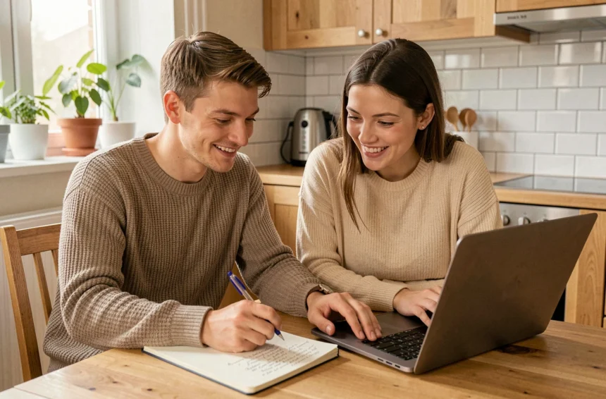 Jeune couple de futurs parents préparant leur liste de naissance ensemble sur un ordinateur portable à la maison