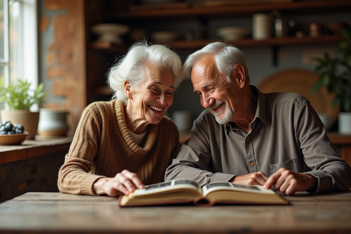 Couple senior riant en regardant des albums photo dans la cuisine