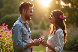 Couple échangeant des vœux dans un jardin ensoleille