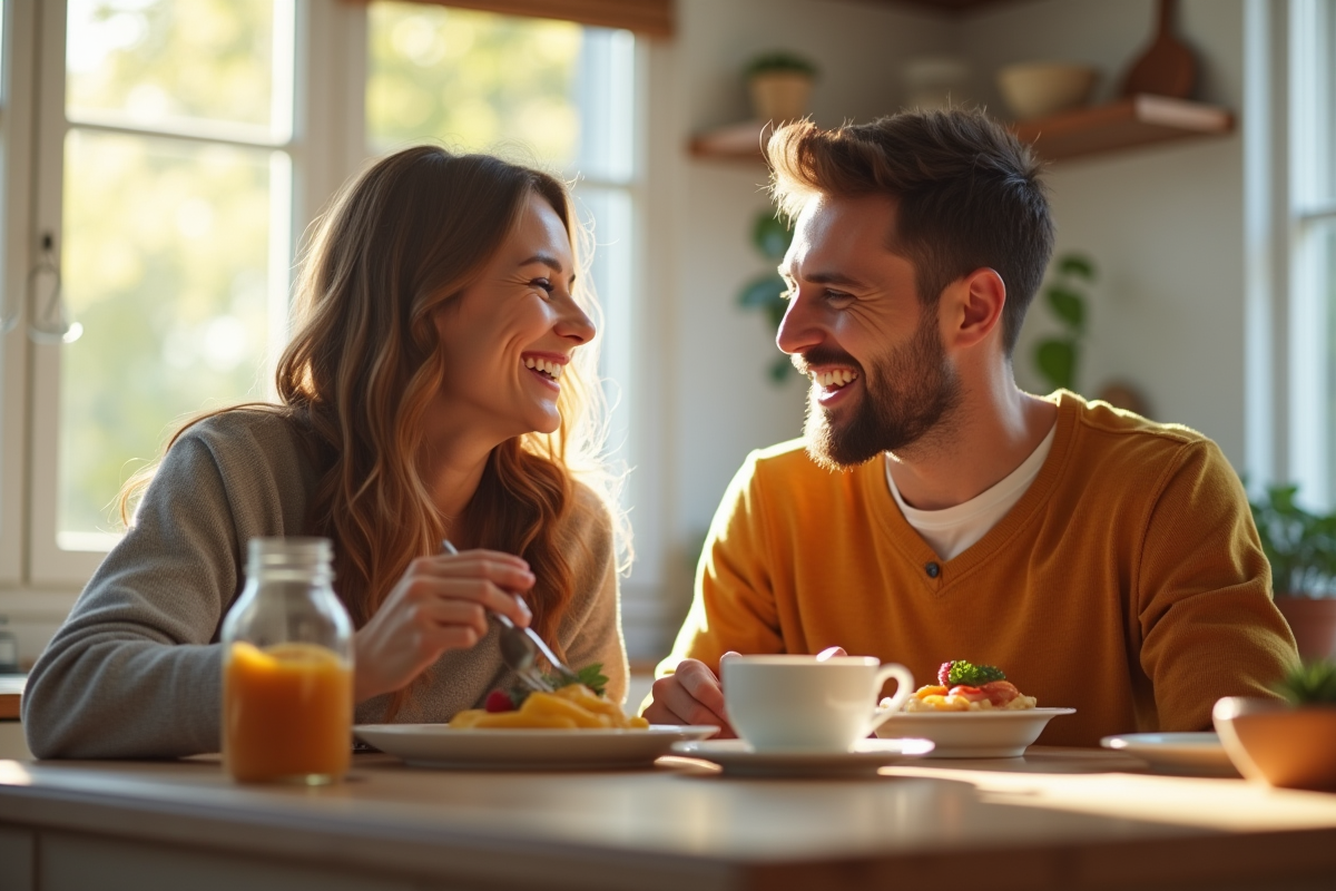 Jeune couple marié riant lors d'un petit déjeuner ensoleille