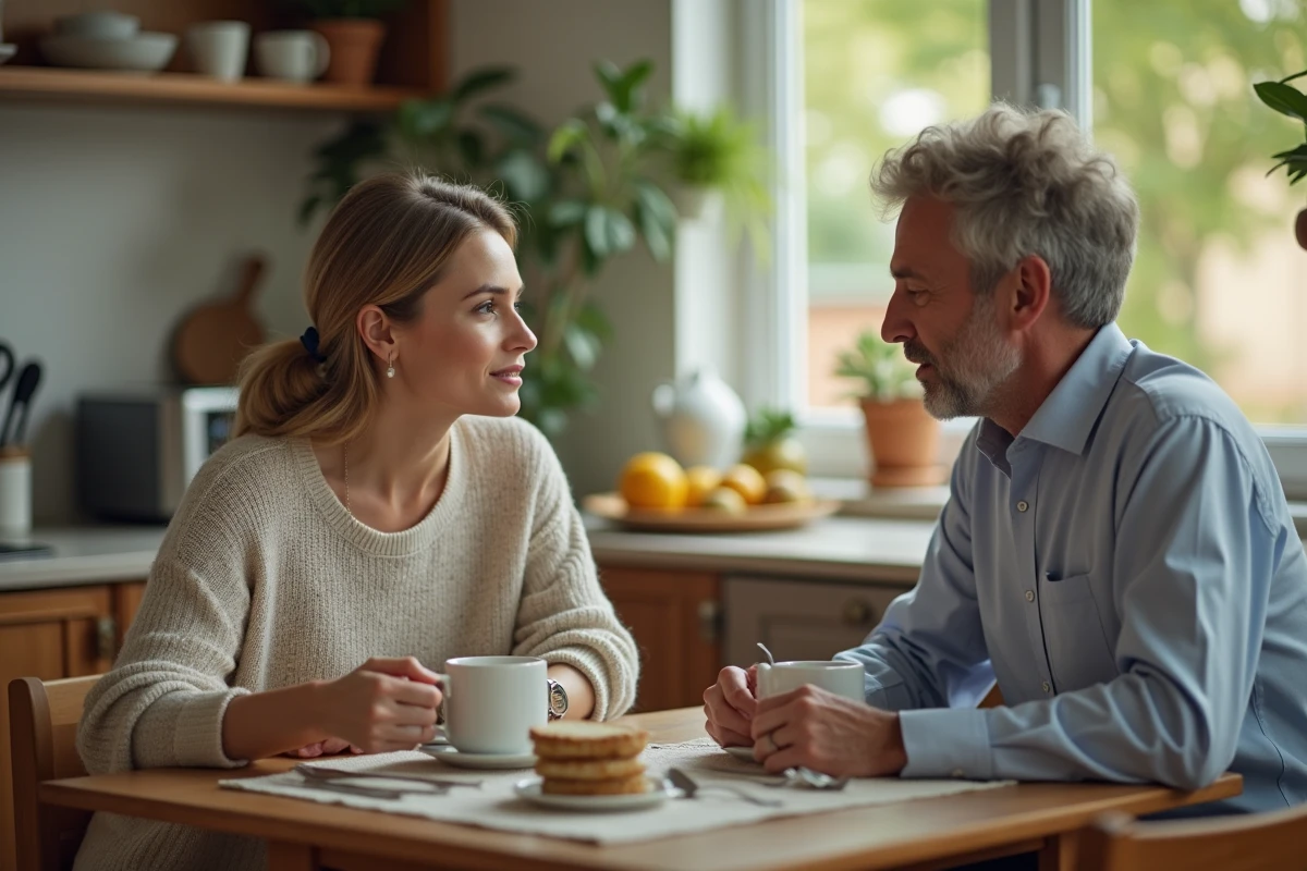 Couple au petit déjeuner dans une cuisine chaleureuse