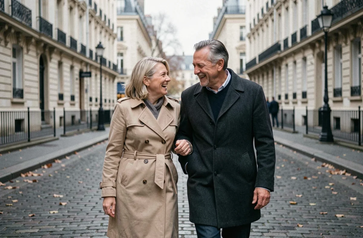 Couple élégant se promenant dans une rue parisienne typique, évoquant la vie privée et discrète de Philippe Gougler et son épouse