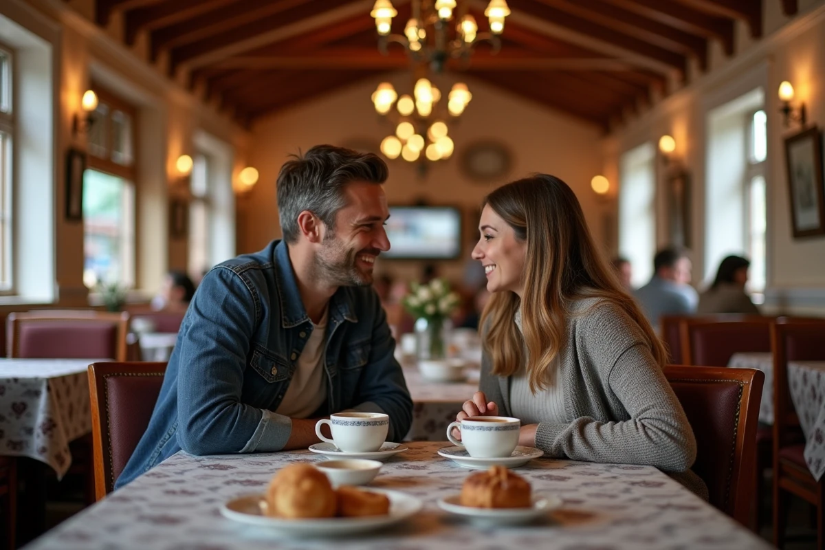 Couple dégustant café et pâtisseries dans un restaurant alsacien
