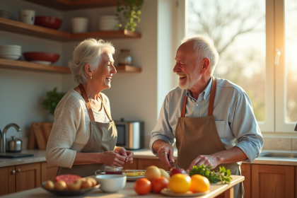 Couple âgé riant dans la cuisine en matinée