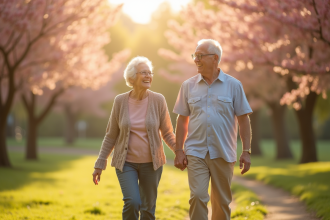 Couple senior souriant dans un parc en fleurs