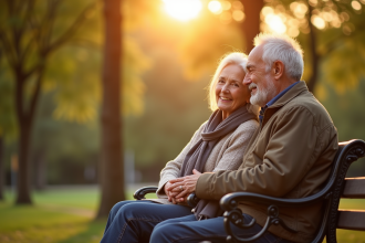 Couple âgé assis sur un banc dans un parc en fin d'après-midi