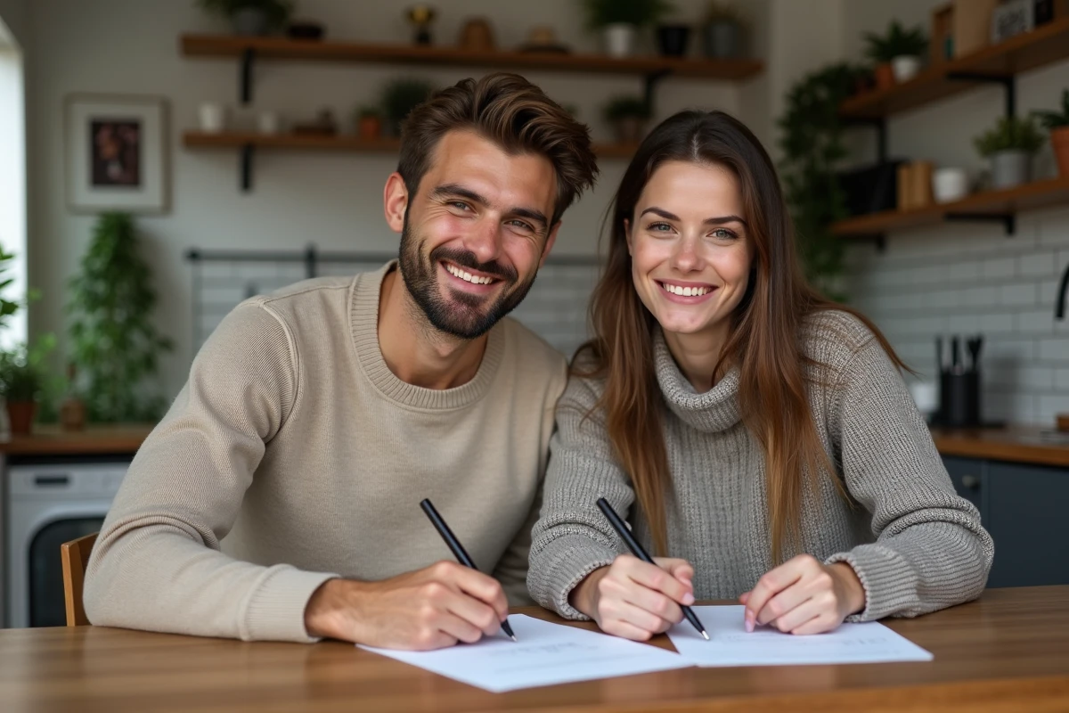 Jeune couple signant des papiers dans une cuisine chaleureuse