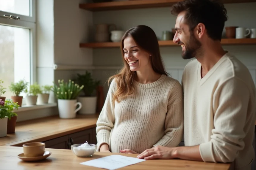 Couple attendant un bébé amusé par le test du sel pour prédire le sexe du bébé dans leur cuisine