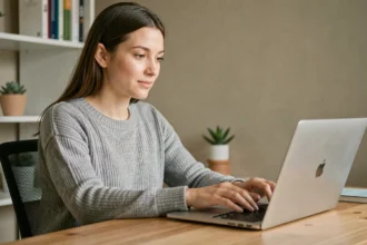 Femme créant son compte sur la plateforme Mamzin depuis un bureau à domicile bien organisé