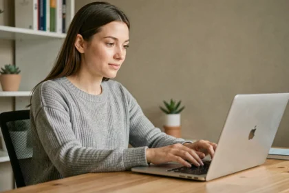 Femme créant son compte sur la plateforme Mamzin depuis un bureau à domicile bien organisé