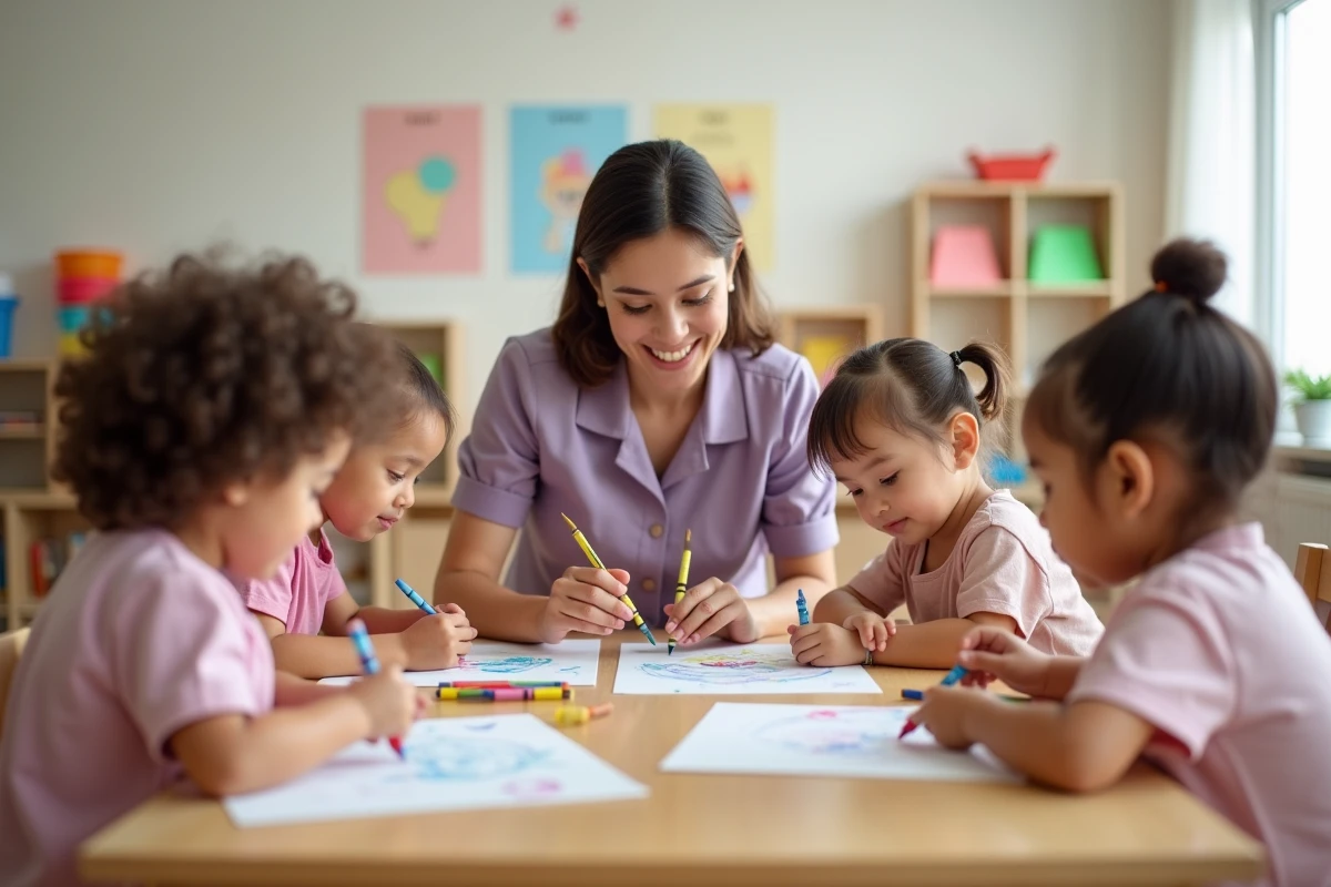 Groupe de tout-petits en activité créative dans une crèche moderne sous la supervision d'une puéricultrice