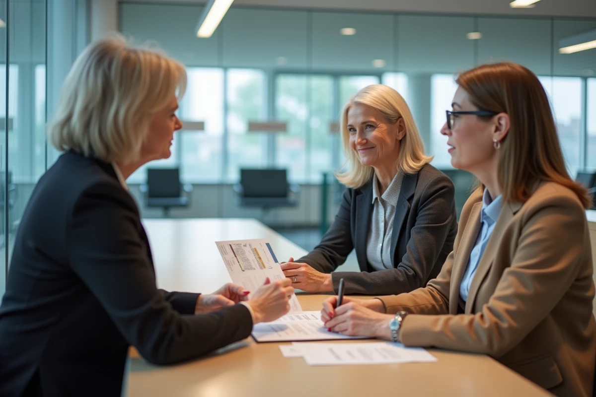 Deux femmes discutant avec un agent dans une mairie moderne