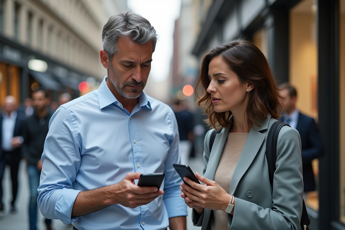 Deux personnes discutant dans la rue avec smartphones et ambiance urbaine