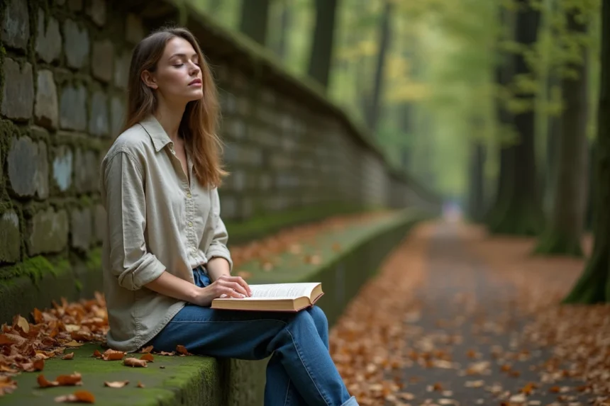 Femme assise sur un muret en forêt de la vallée de Chevreuse, lisant un livre et profitant d'une déconnexion totale lors d'un week-end en Île-de-France