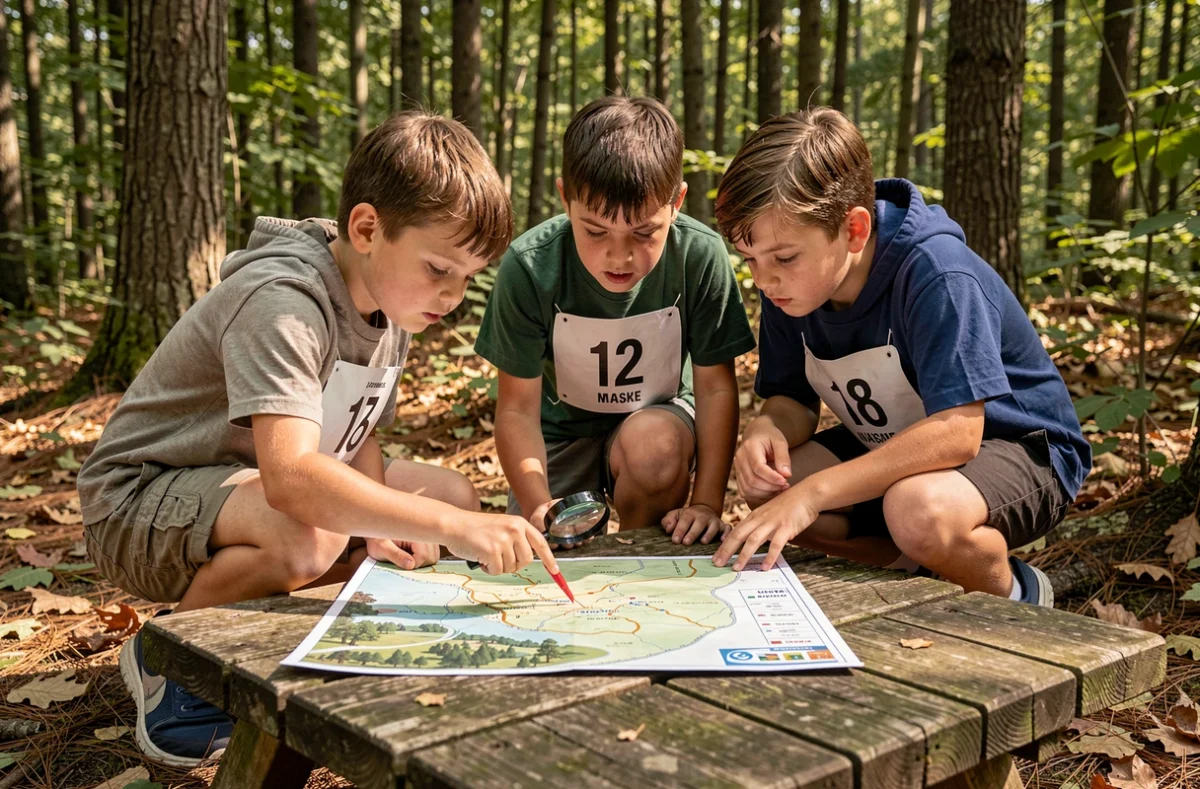 Enfants participant à un défi nature en forêt, scrutant une carte d'orientation sur une table en bois en Loire-Atlantique