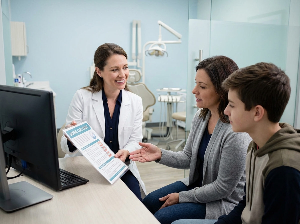 Dentiste souriante montrant un document dentaire à un adolescent