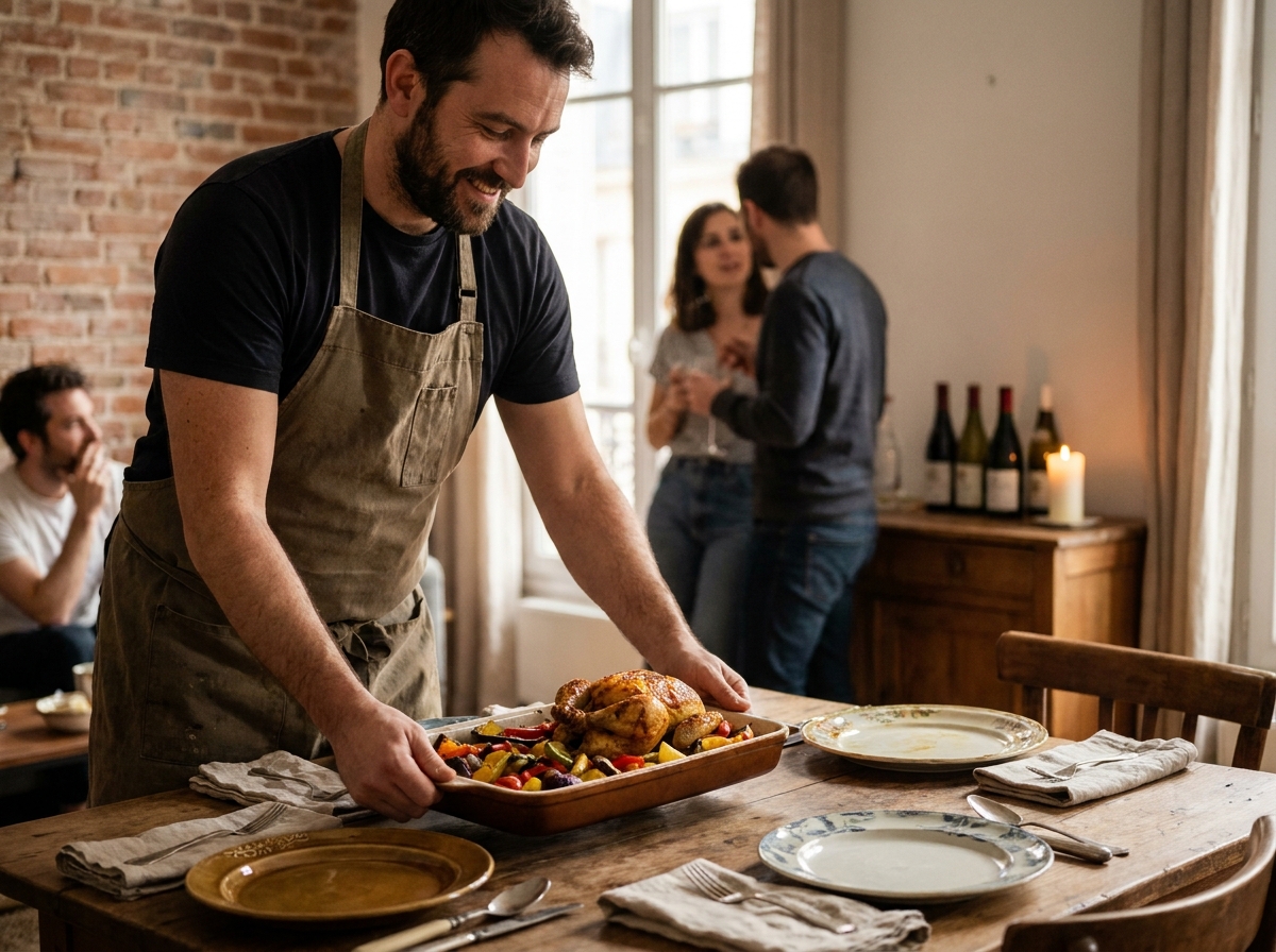 Homme posant un plat de légumes rôtis et poulet rôti sur table dressée pour recevoir des amis facilement