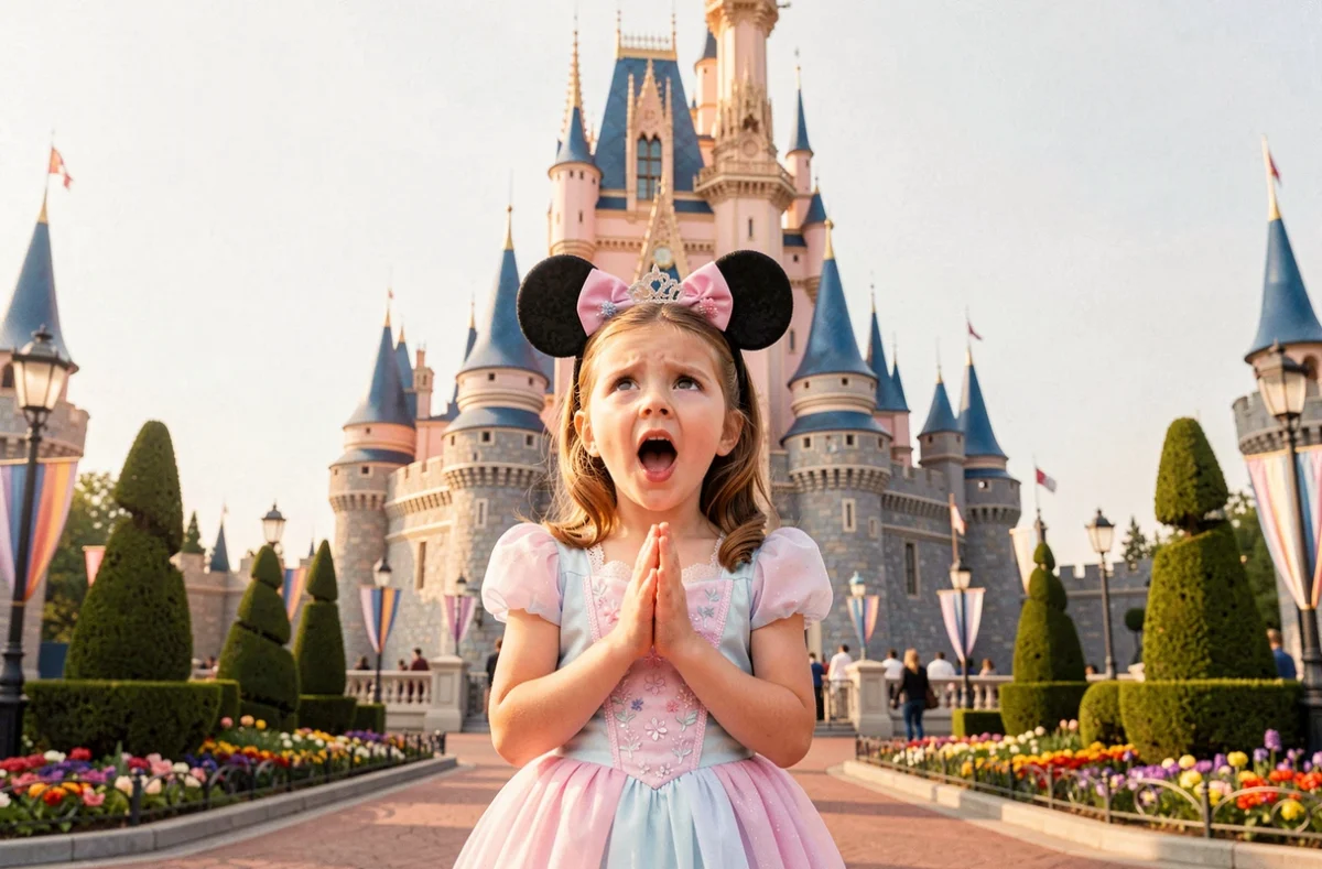 Une jeune fille éblouie devant le château de la Belle au Bois Dormant à Disneyland Paris
