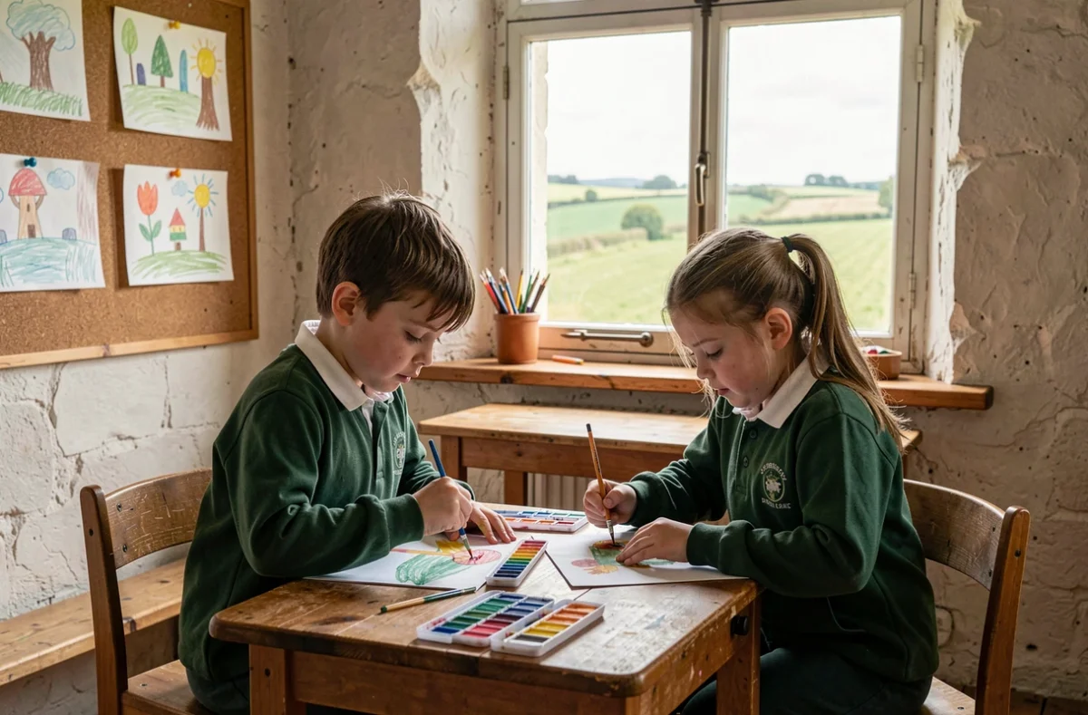 Deux élèves font de la peinture dans une classe de l'École élémentaire privée Bon Pasteur à Vire