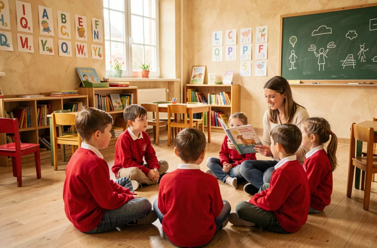 Des élèves de primaire écoutent leur enseignante à l'École élémentaire privée Sacré-Cœur de Lisieux