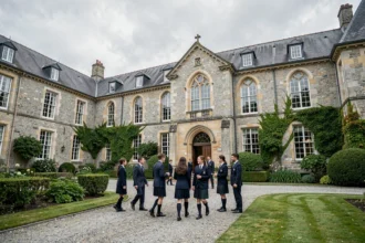 Vue panoramique d'une école privée normande avec des élèves en uniforme dans une cour en pierre typique du Calvados