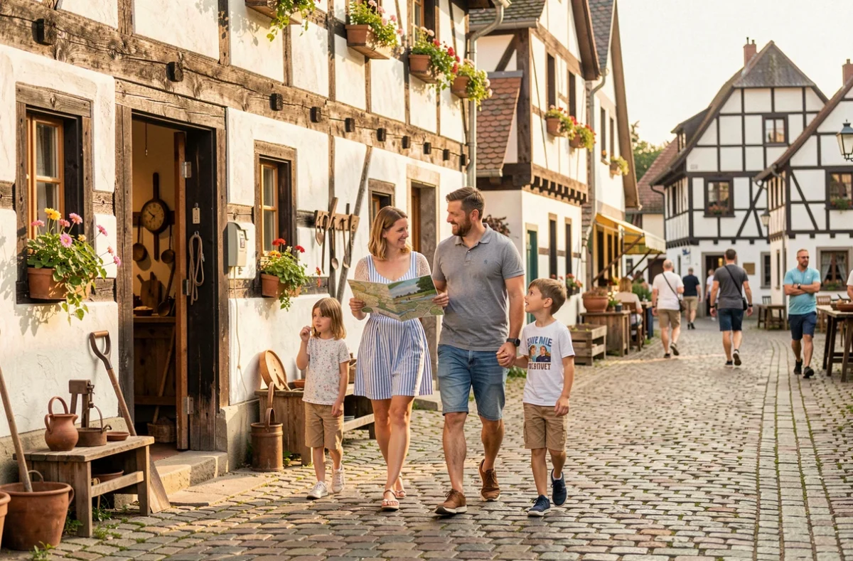 Famille découvrant un village alsacien reconstitué avec maisons à colombages à l'Écomusée d'Alsace à Ungersheim