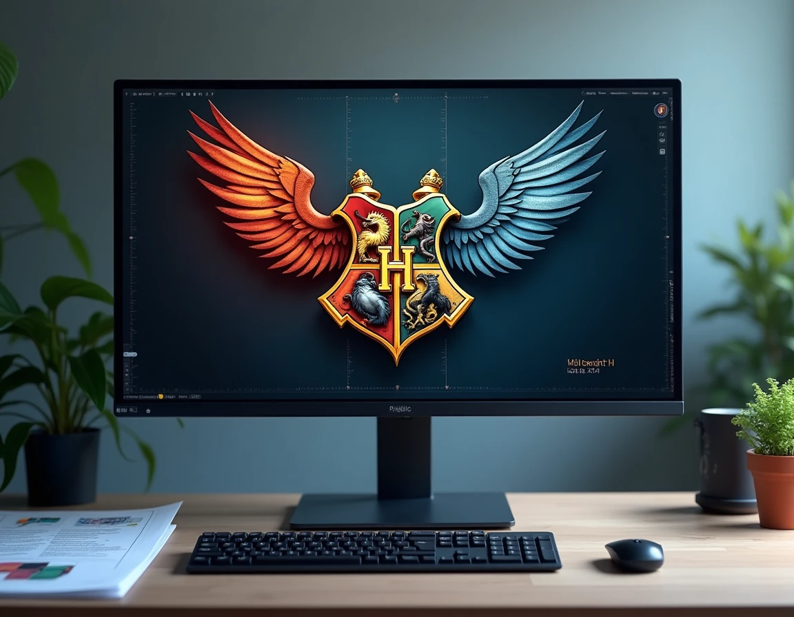 Écran d'ordinateur affichant un fichier haute résolution d'affiche Harry Potter dans un logiciel de retouche sur un bureau de graphiste