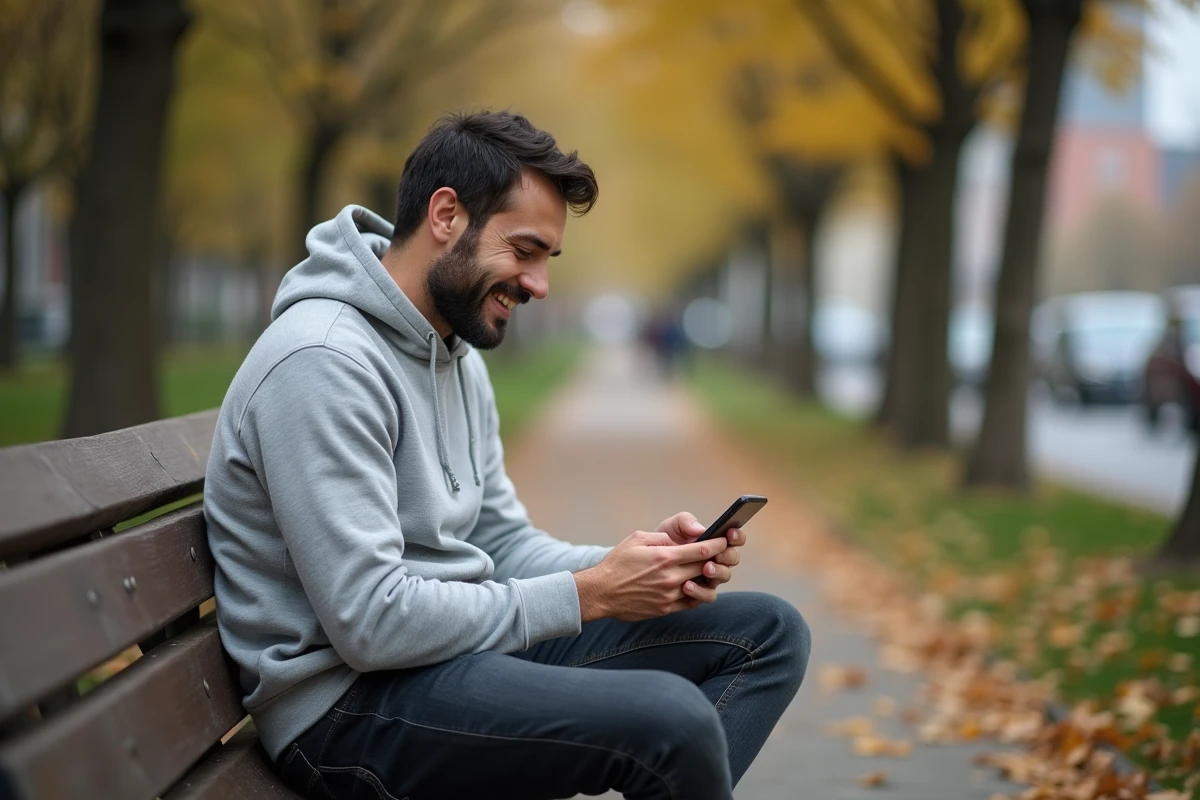 Homme assis sur un banc de parc souriant en écrivant un message d'anniversaire drôle sur son smartphone en automne