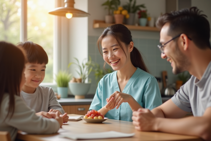 Éducateur familial souriant à la table de cuisine lumineuse