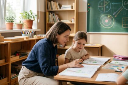 Éducatrice aidant un enfant dans une salle de classe inspirante et centrée sur l'apprenant, projet éducatif Apprends et Rêve