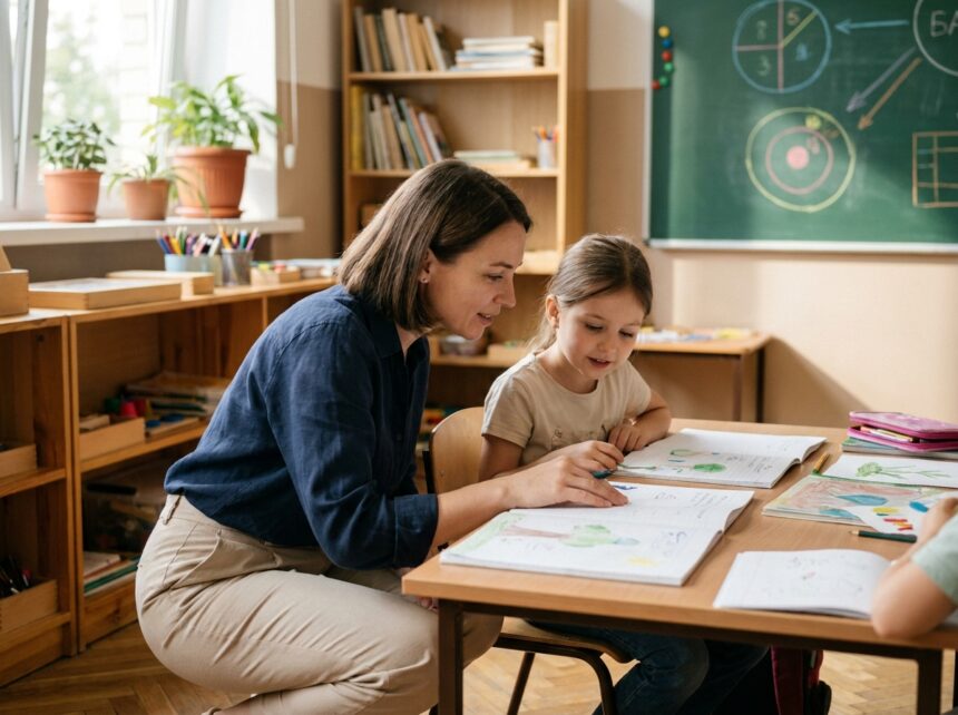 Éducatrice aidant un enfant dans une salle de classe inspirante et centrée sur l'apprenant, projet éducatif Apprends et Rêve