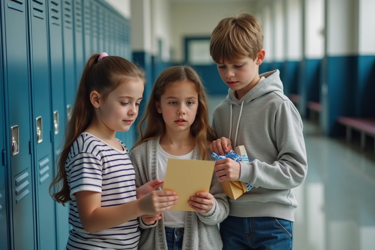 Groupe d'élèves préparant leurs mots de remerciements avec une carte et un cadeau dans un couloir scolaire