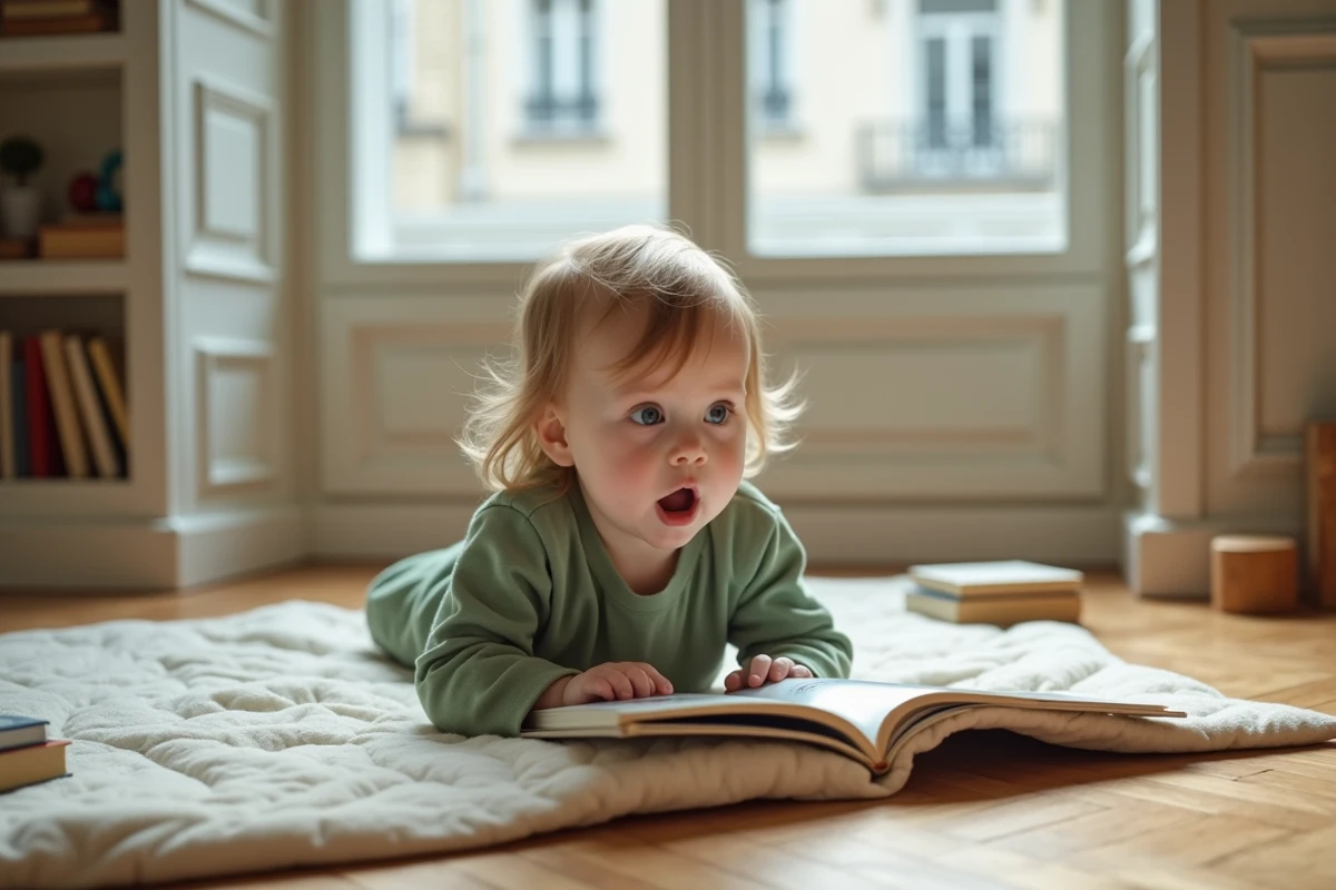 Enfant de 3 ans allongé sur un tapis de jeu lisant un livre illustré dans un salon haussmannien parisien