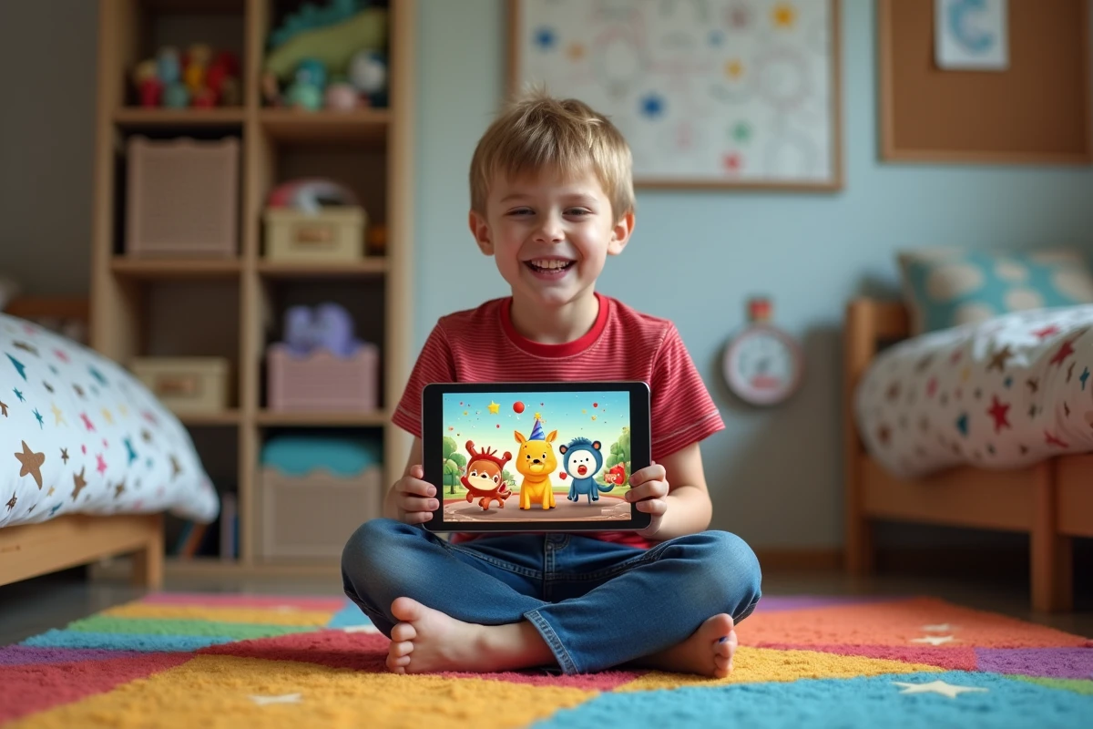 Enfant souriant qui regarde une carte d'anniversaire animée colorée sur une tablette dans sa chambre